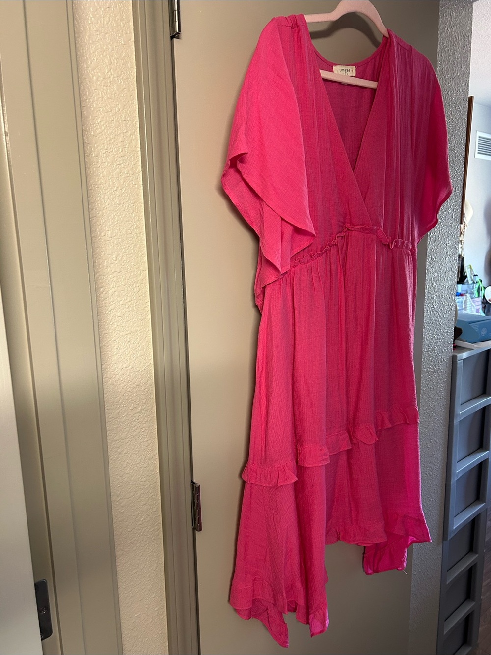 Womens Bright Pink Ruffled V-Neck Dress